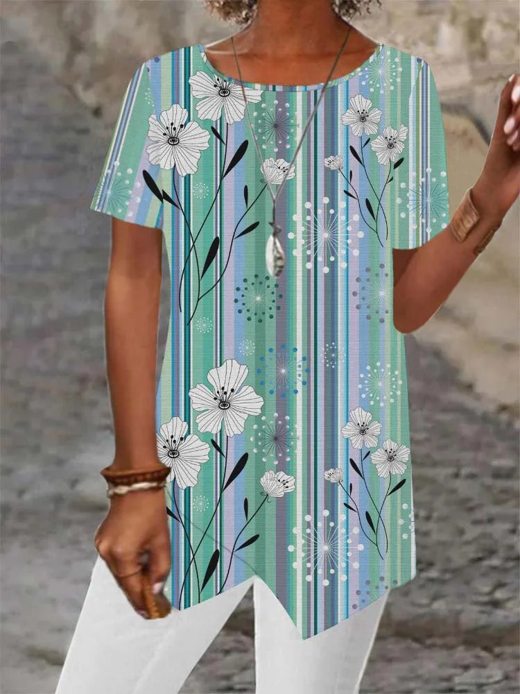 Women Asymmetrical Short Sleeve Scoop Neck Striped Floral Printed Top