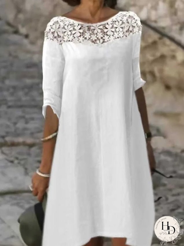 Casual Dress Cotton Linen Dress Midi Dress Cotton Blend Fashion Modern Outdoor Daily Vacation Crew Neck Lace Patchwork Half Sleeve Summer Spring Regular Fit White Flower Pure Color S M L for Women