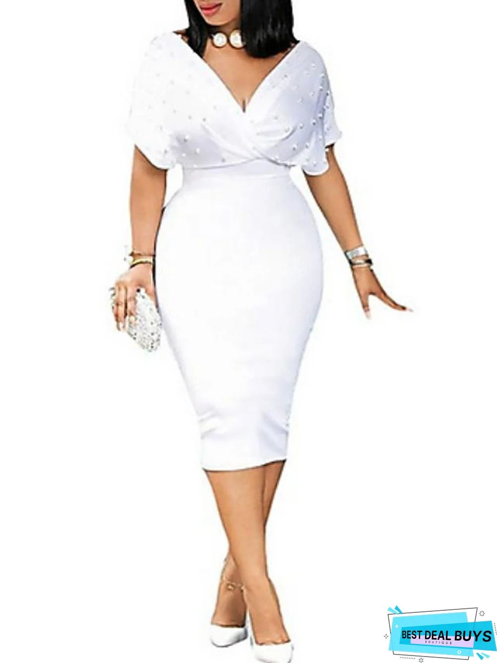 Women's Sheath Dress Knee Length Dress Short Sleeve Solid Colored Beaded Fall Winter Hot White Black Blushing Pink Wine White Dresses