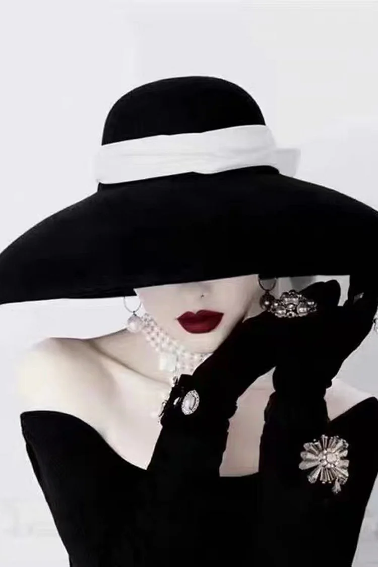 1950s Black Party Elegant Velvet Ribbon Wide Eaves Hats
