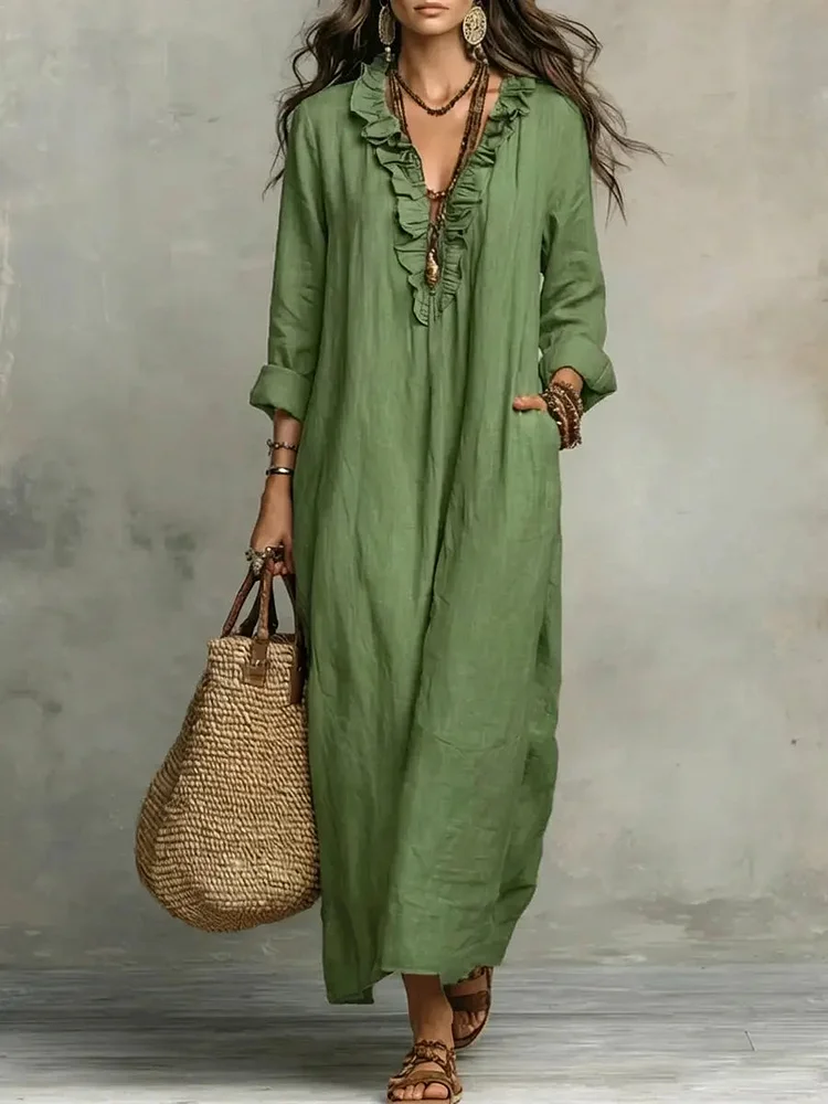 Women's Solid Color Ruffled Art Casual Fashion Cozy Cotton Linen Dress