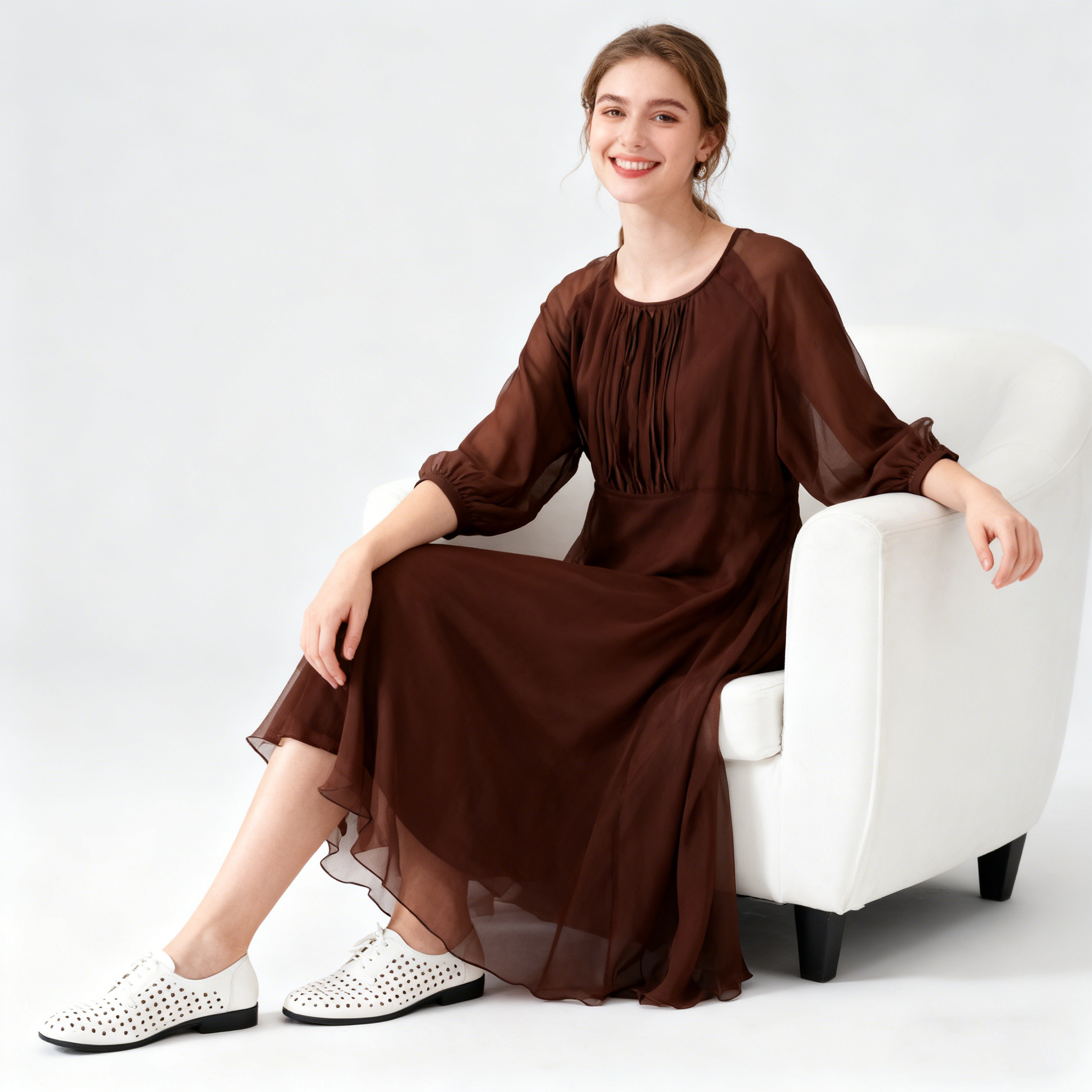 Brown Silk Midi Dress Sheer Sleeve Office Style REAL SILK LIFE