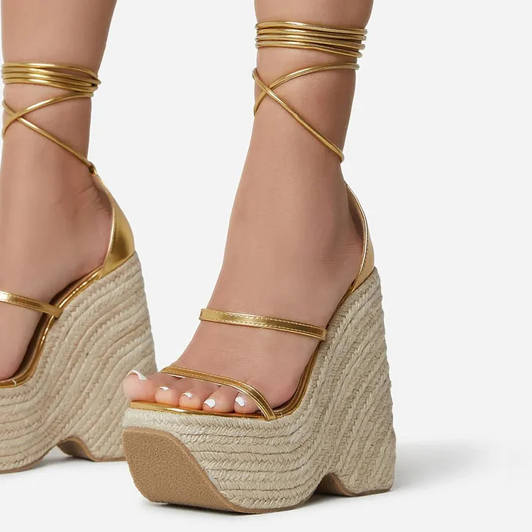 Gold Braided Wedges Square Toe Sandals with Platform Vdcoo