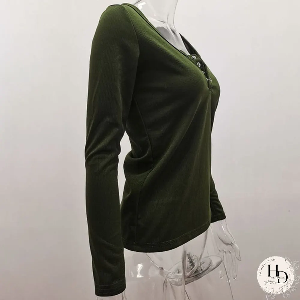 Spring Tight-fitting Bottoming Shirt U-neck Ribbed Long-sleeved Blouse Women's Clothing