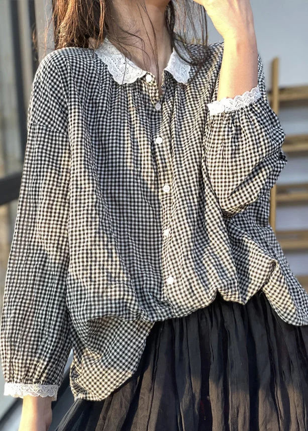 French Plaid Peter Pan Collar Lace Patchwork Cotton Shirt Fall
