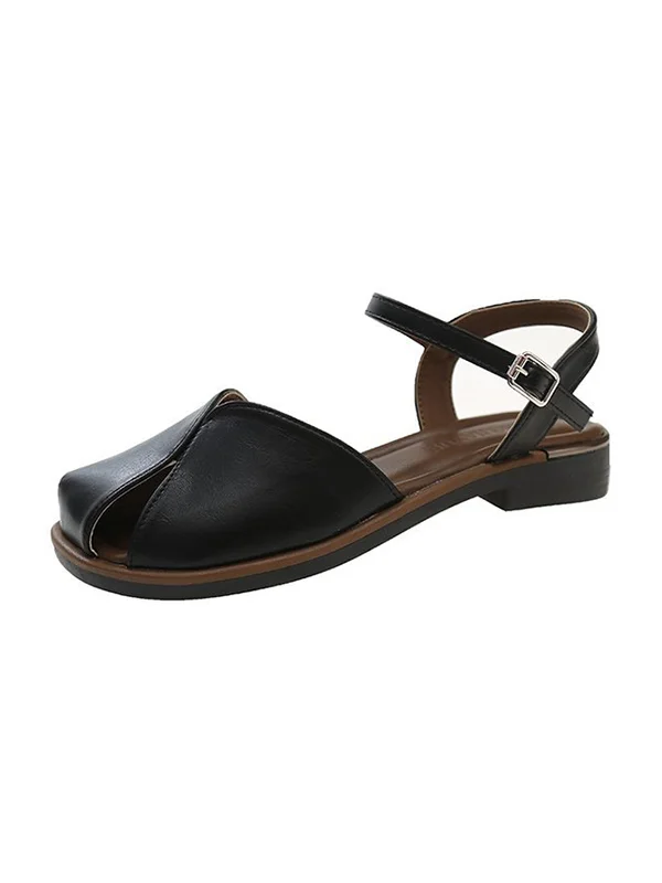 Belt Buckle Hollow Split-Joint Square-Toe Sandals Flat Shoes