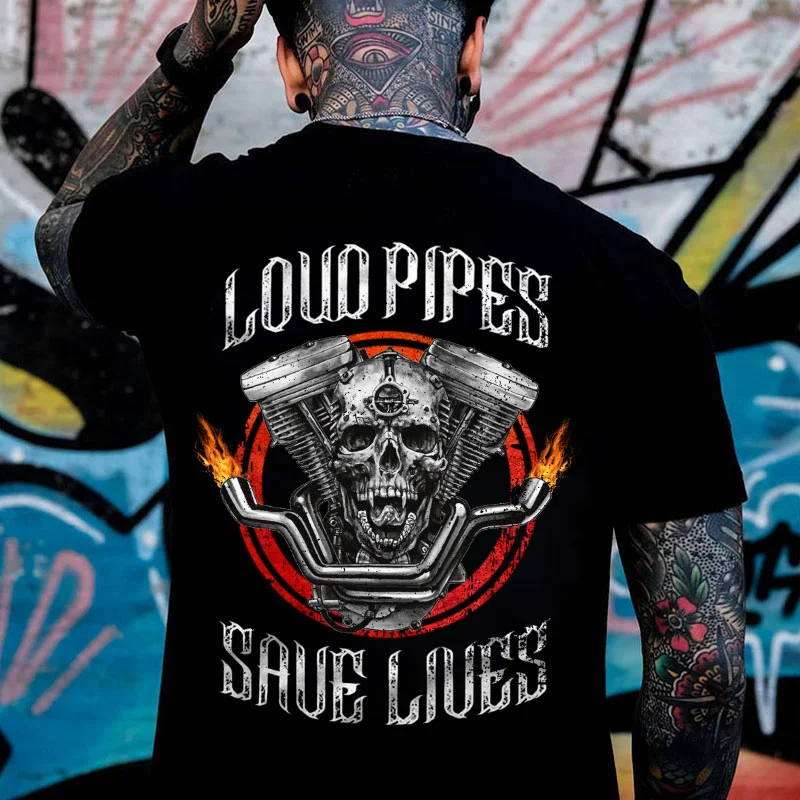 LOUD PIPES SAVE LIVES Skull Motor Black Print T-Shirt