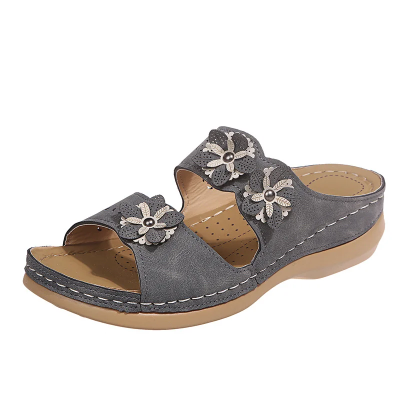 Qengg Summer New Flower Car Sewing Solid Light Mouth Round Head Casual Fashion Lady Flat Sandals