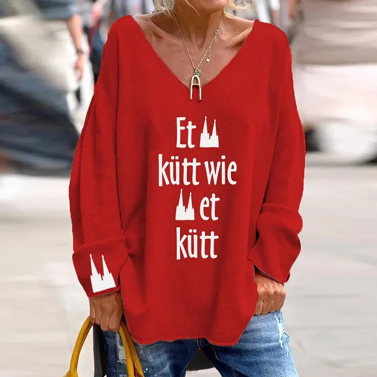 Women Kölle Alaaf Letters Printed V-Neck Loose T-Shirt