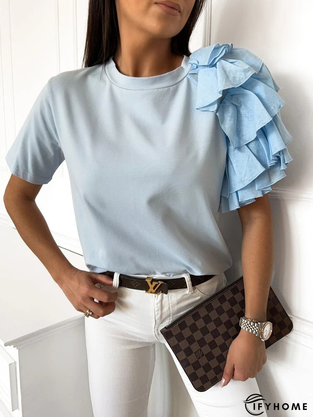 Women's T-Shirts Solid Simple Ruffle Short Sleeve T-Shirt | IFYHOME