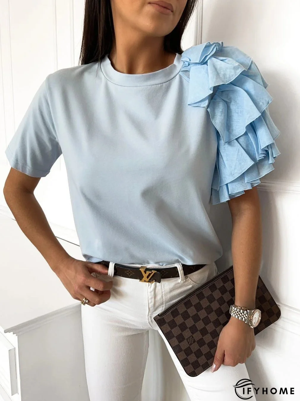 Women's T-Shirts Solid Simple Ruffle Short Sleeve T-Shirt | IFYHOME