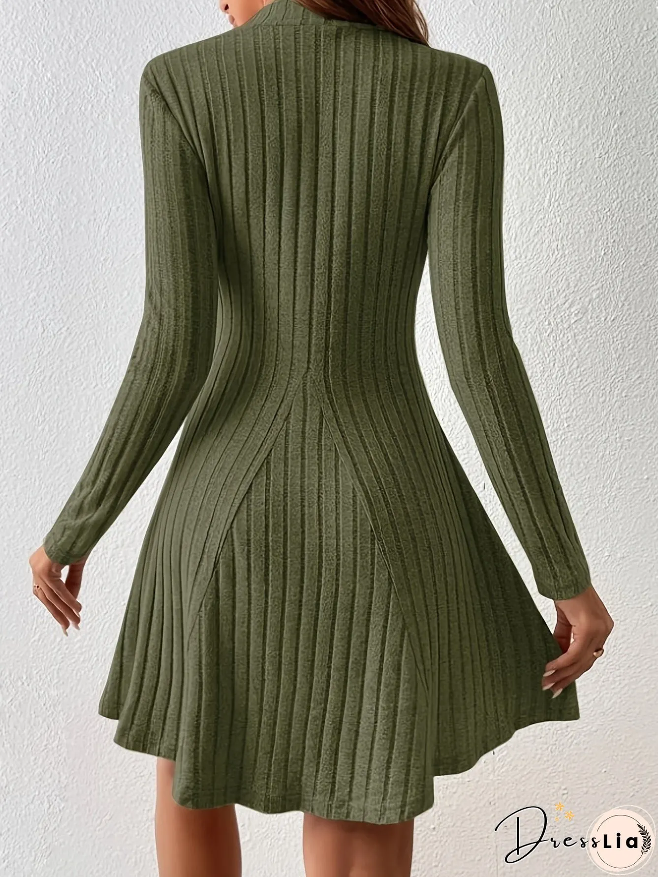 Solid Ribbed Dress, Casual Mock Neck Long Sleeve Dress, Women's Clothing