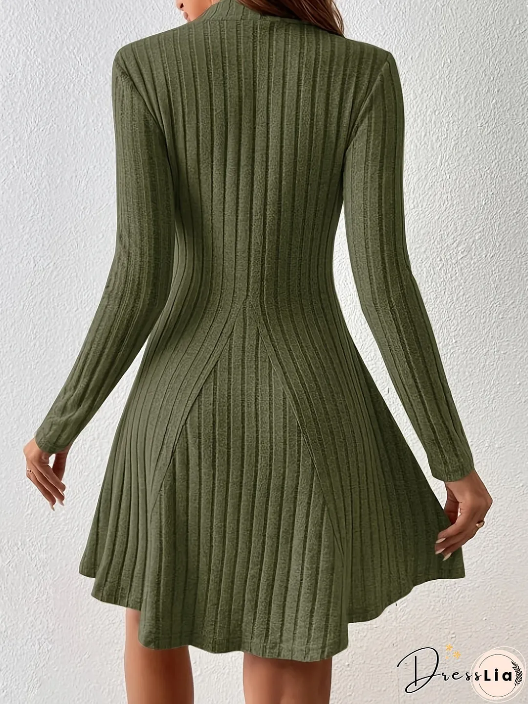 Solid Ribbed Dress, Casual Mock Neck Long Sleeve Dress, Women's Clothing