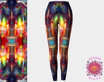 Pornhint Tribal Psychedelic Leggings, Printed trippy leggings, shaman clothing, rave leggings women, festival leggings, artsy leggings, boho yoga