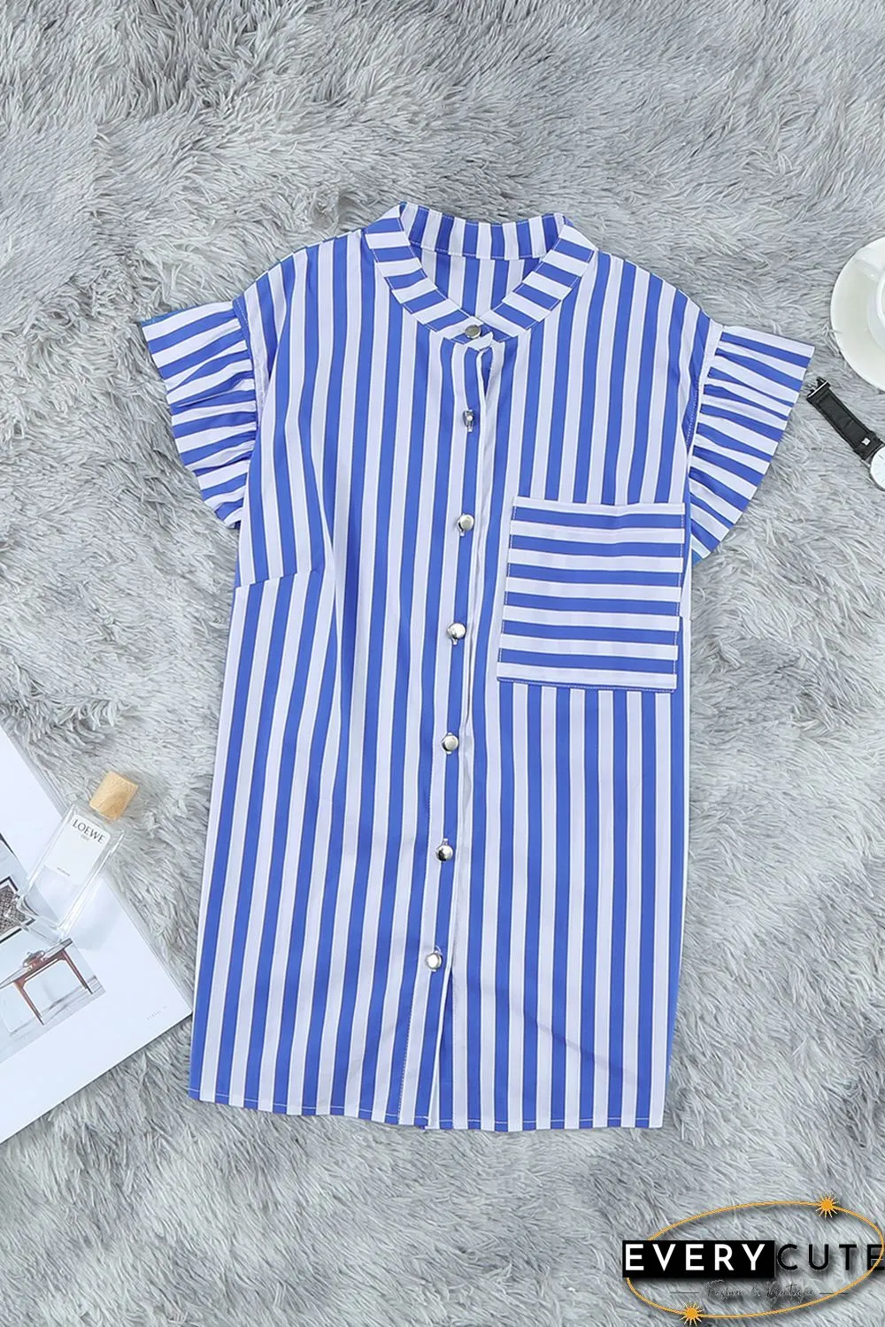 Sky Blue Striped Buttoned Ruffled Sleeve Blouse