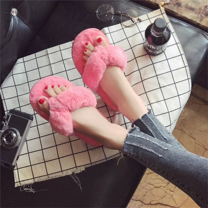 Winter Fashion Women Home Slippers Faux Fur Warm Shoes Woman Slip on Flats Female Fur Flip Flops Pink Plus Size 36- 45 Slippers