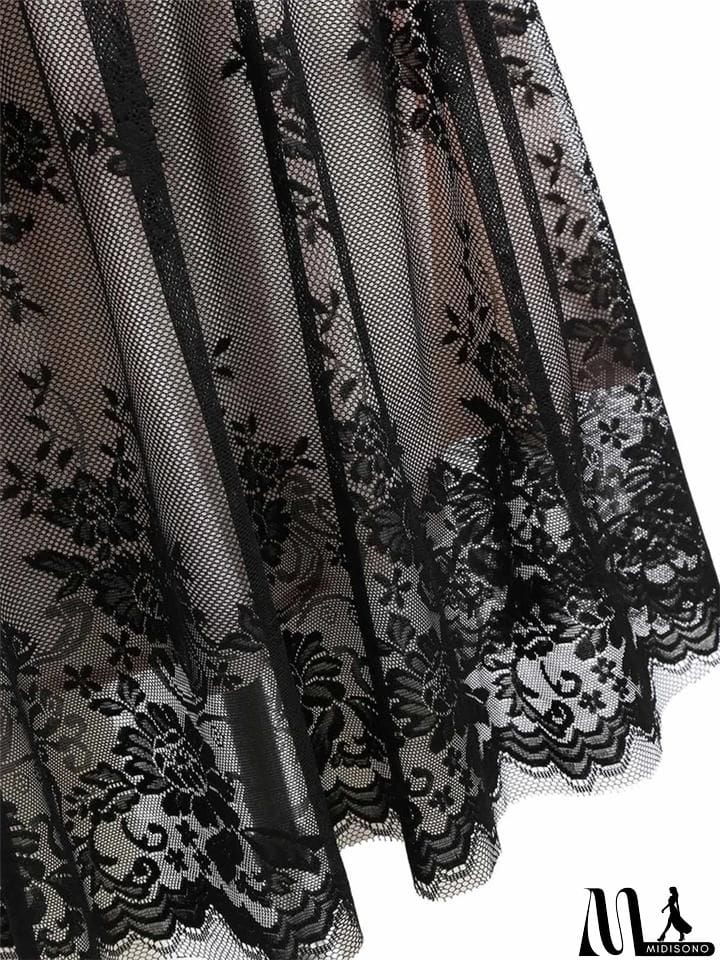 MidiSono - Black 1950S Feminine V Neck Lace Floral&nbsp;Swing Dress