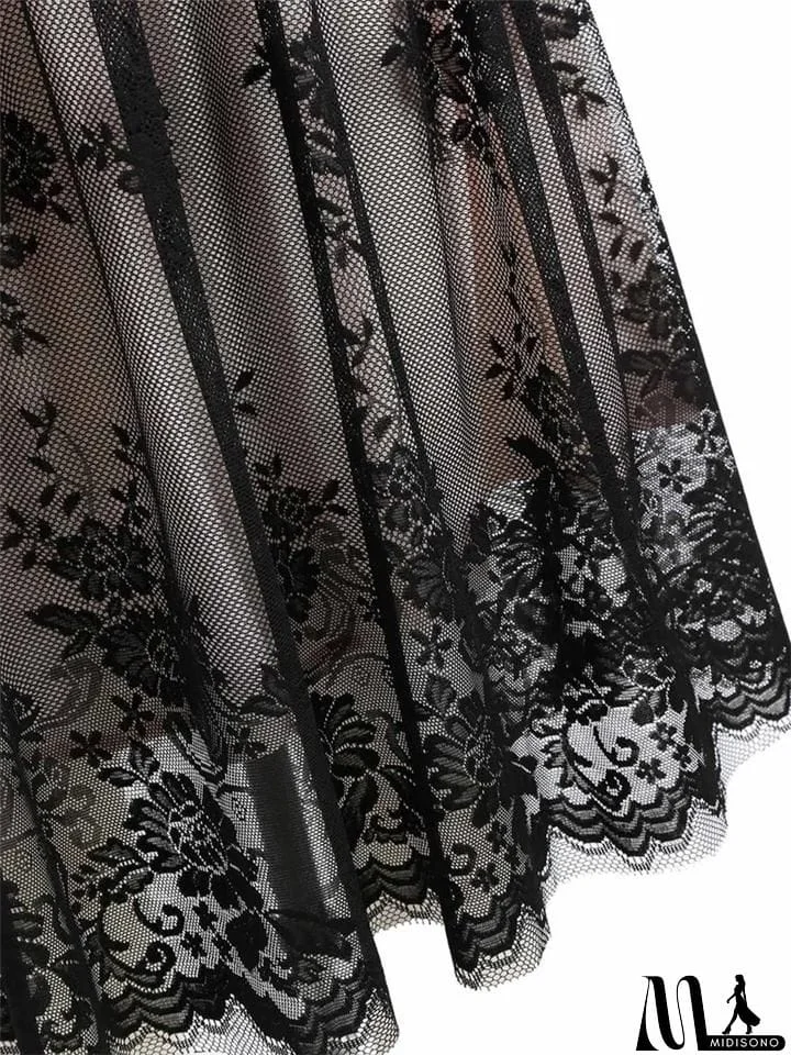 MidiSono - Black 1950S Feminine V Neck Lace Floral&nbsp;Swing Dress