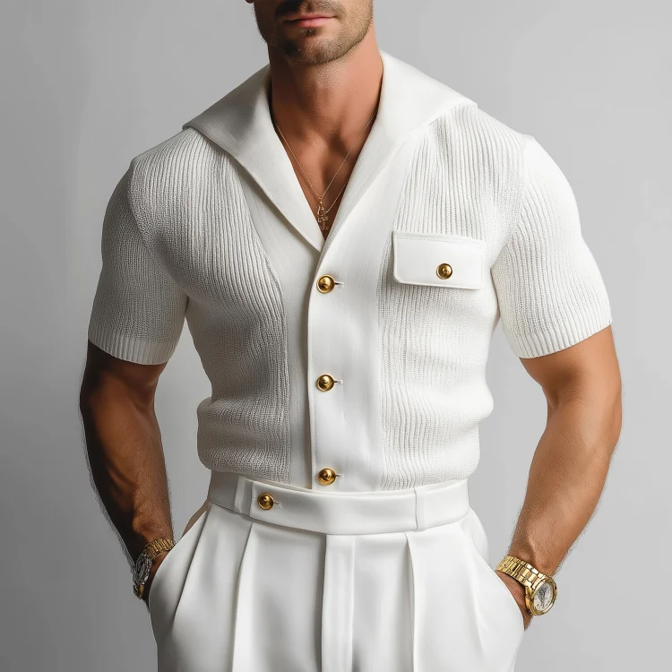 Okaywear Sailor Collar Gold Buttons Short Sleeve Knitted Shirt 