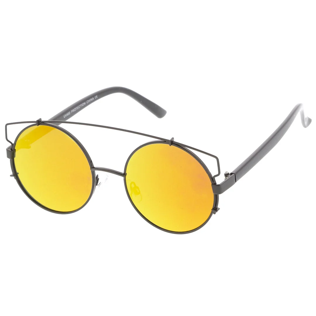 Midsize Metal Frame Horn Rimmed Crossbar Mirror Flat Lens Round glasses 53mm