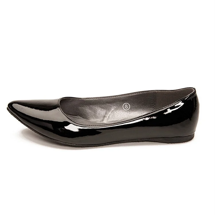 Women's Black Pointy Toe Flats Patent Leather Pumps |FSJ Shoes