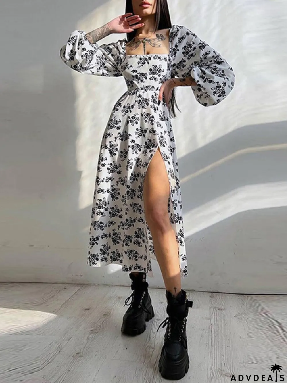 Sexy Elegant Square Neck Puff Sleeve Floral Backless Slit Wedding Guest Dress