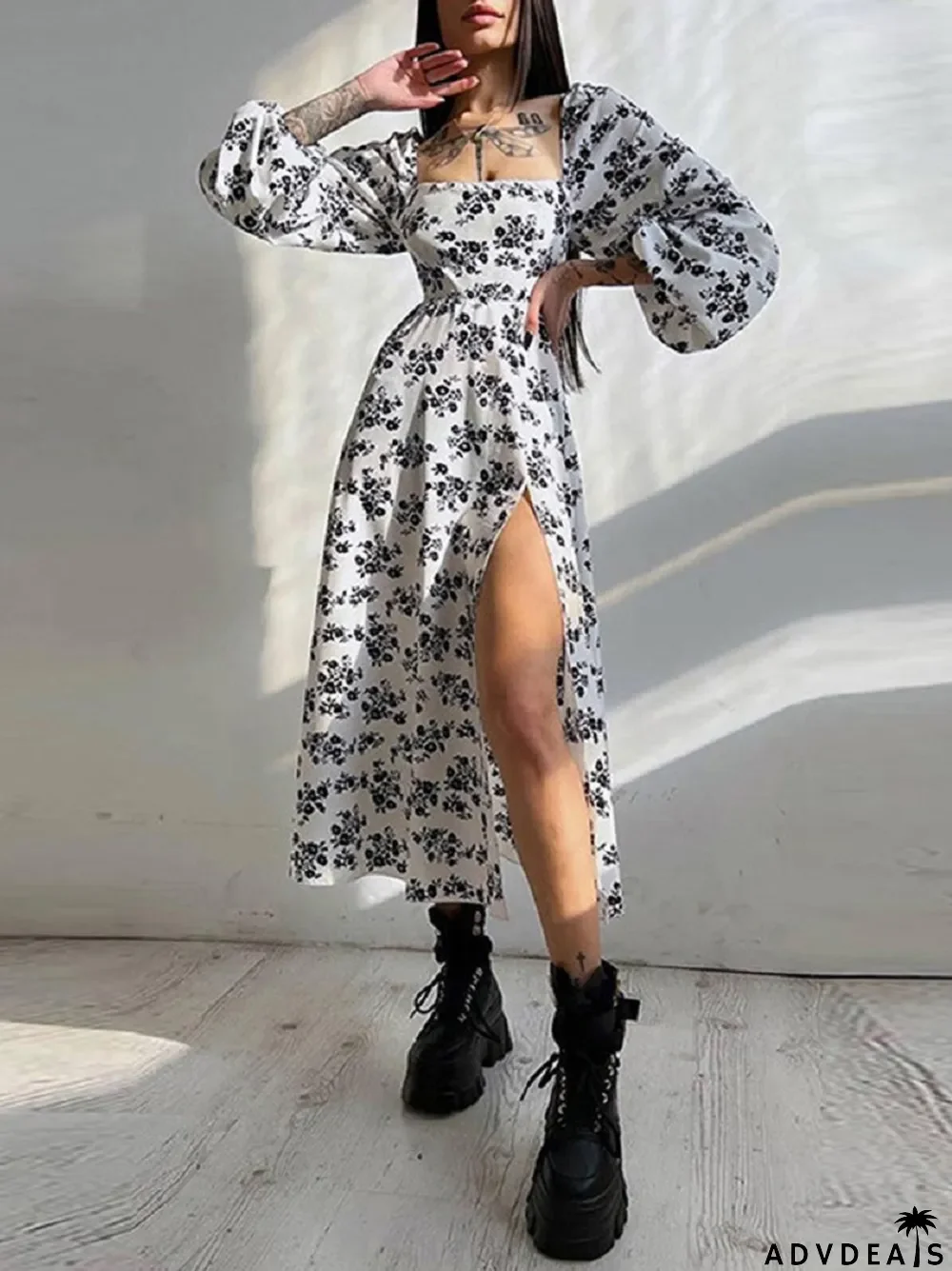 Sexy Elegant Square Neck Puff Sleeve Floral Backless Slit Wedding Guest Dress