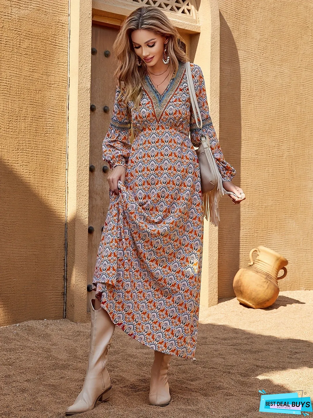 Boho Allover Print A-line Dress, Vintage Long Sleeve V Neck Dress For Spring & Fall, Women's Clothing