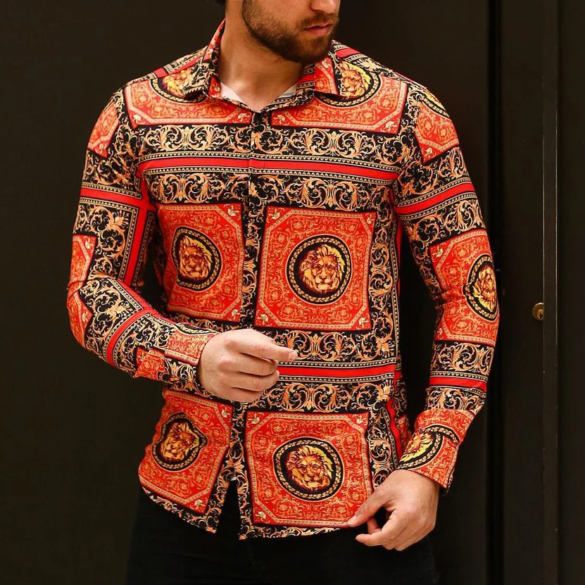 Men's Geometric Colorblock Print Shirt Vintage Outdoor Casual Long Sleeve Shirt
