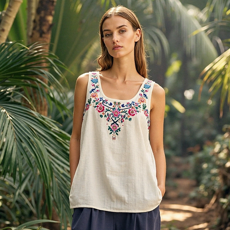 Vintage Bohemian Ethnic Floral Embroidery Linen Top