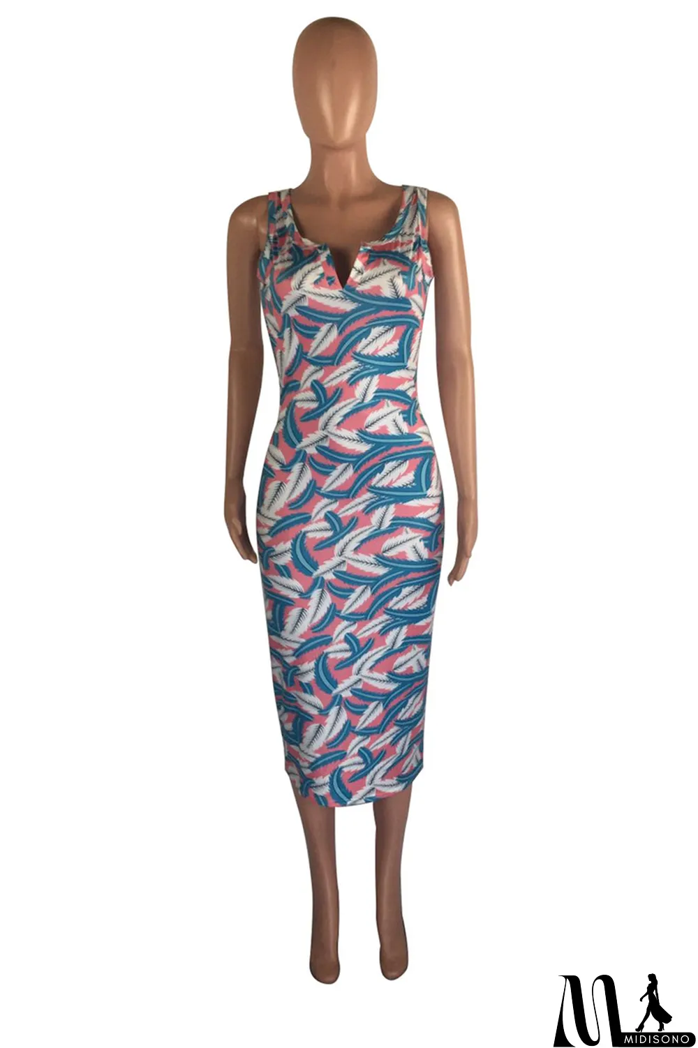 MidiSono - Sky Blue Fashion Sexy Print Basic V Neck Vest Dress