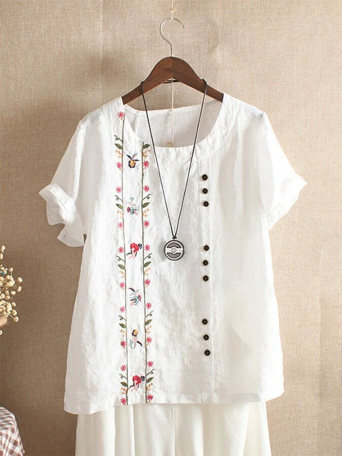 Women's Vintage Cotton Linen Embroidered Round Neck Short Sleeve T-Shirt
