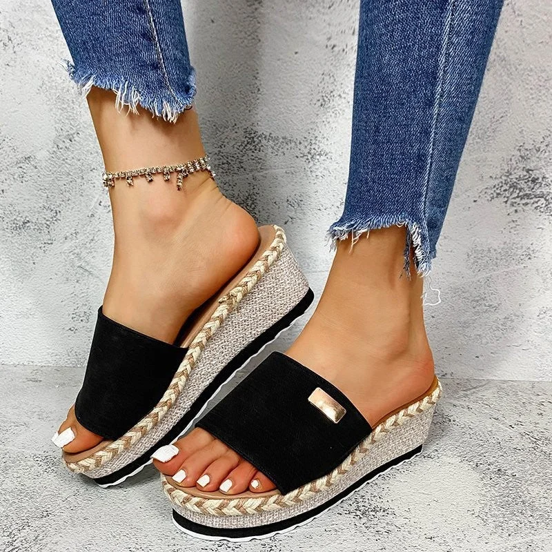 Women's Summer Round Toe Fabric Heightening Wedge Outdoor Fashion Casual Sandals