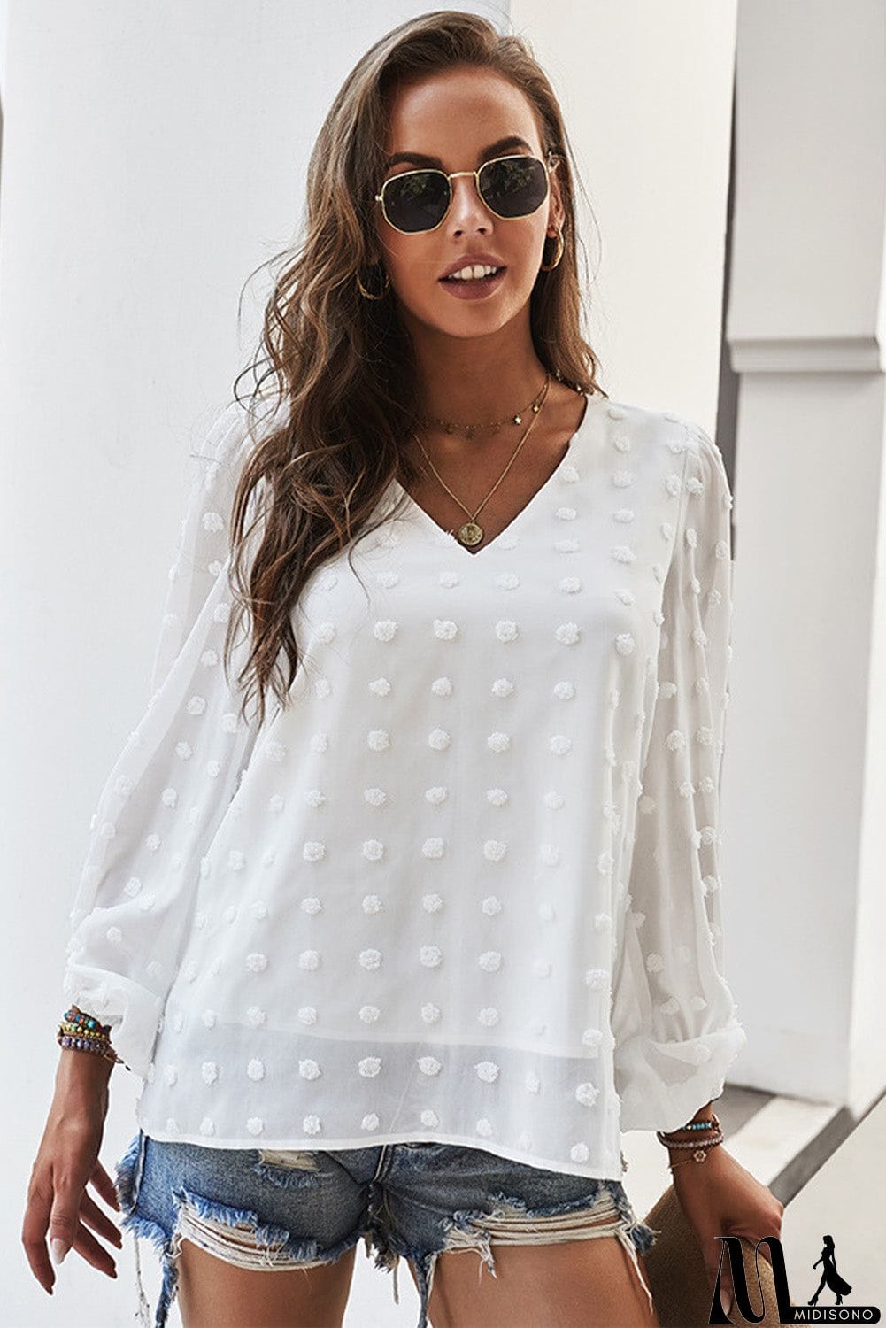 MidiSono - Swiss Dot Bubble Sleeve Blouse