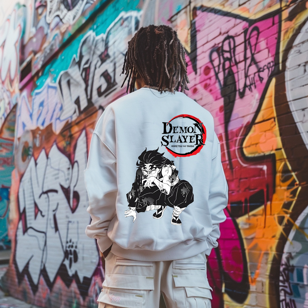 Unisex Oversized Anime Demon Slayer Print Crew Neck Sweatshirt