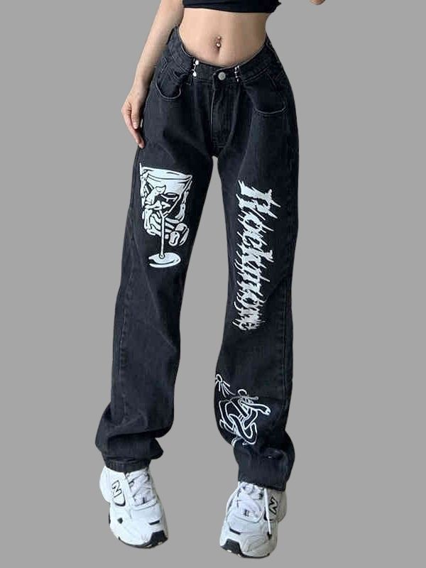 Goth Grunge Graphic Print High Waist Baggy Jeans