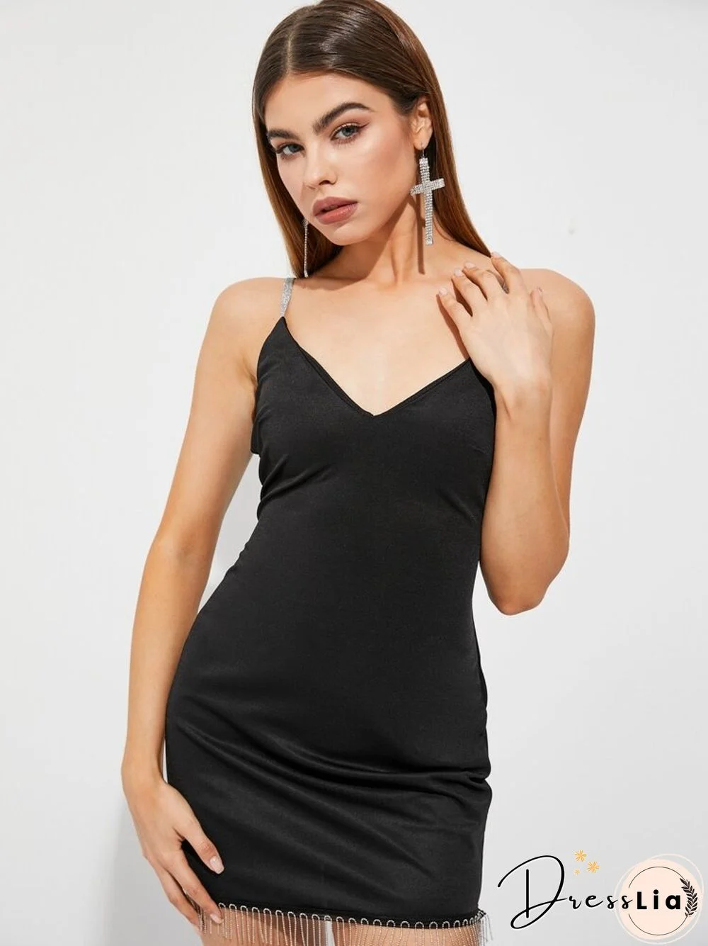 Rhinestone Chain Backless Fringe Trim Strap Sleeveless Mini Dress