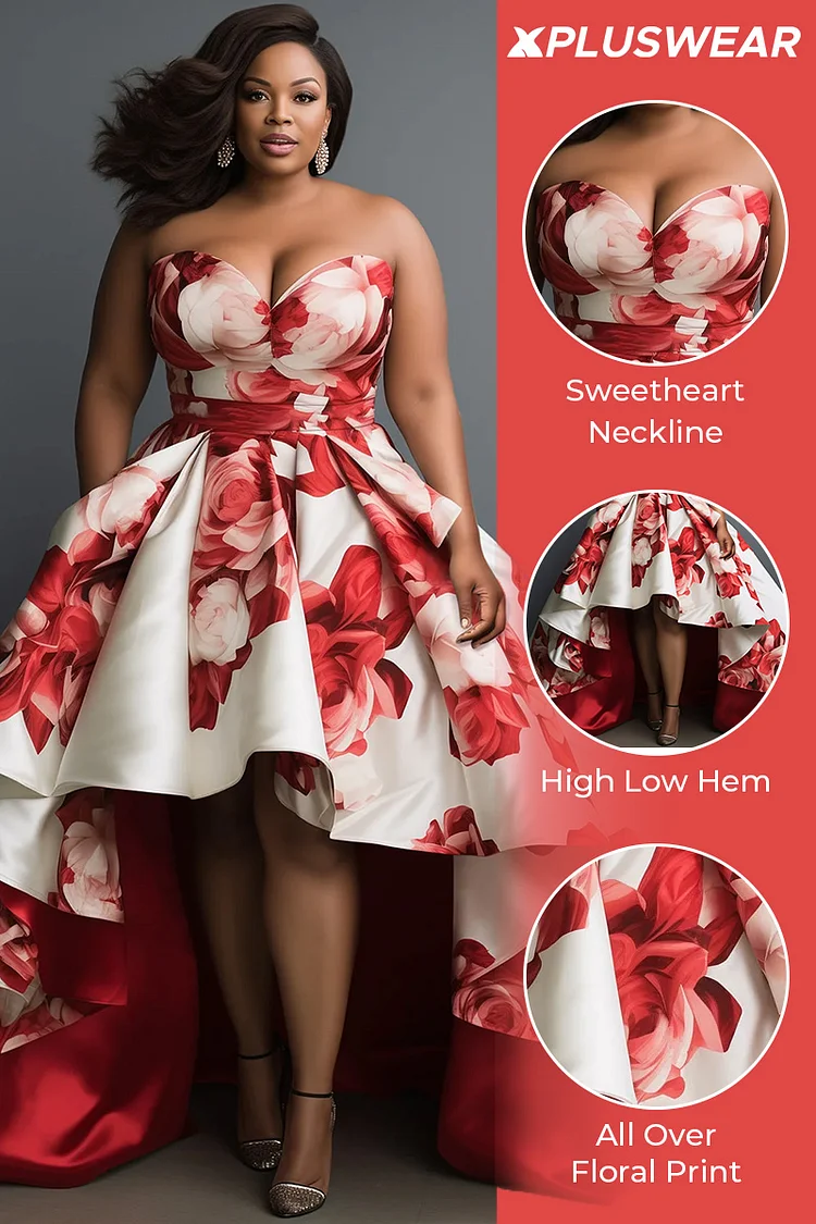 Xpluswear Design Plus Size Formal Multicolor Elegant Floral High Low Hem Pocket Midi Dresses