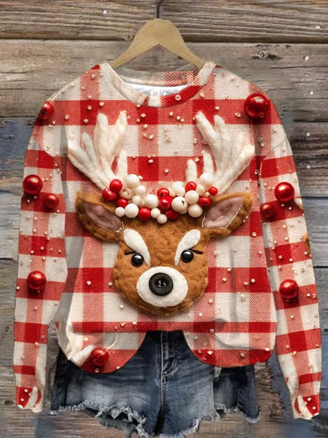 Women's Cute Reindeer Print Long Sleeve Sweatshirt-mysite
