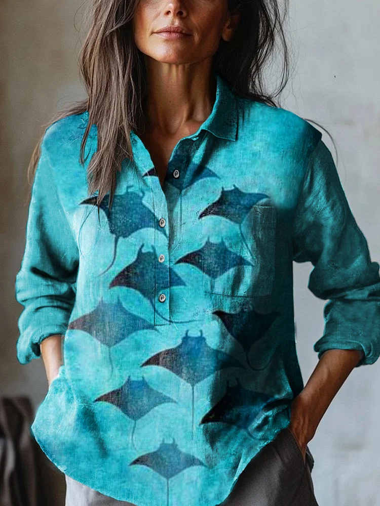 Women's Ocean Manta Art Print Casual Cotton and Linen Shirt