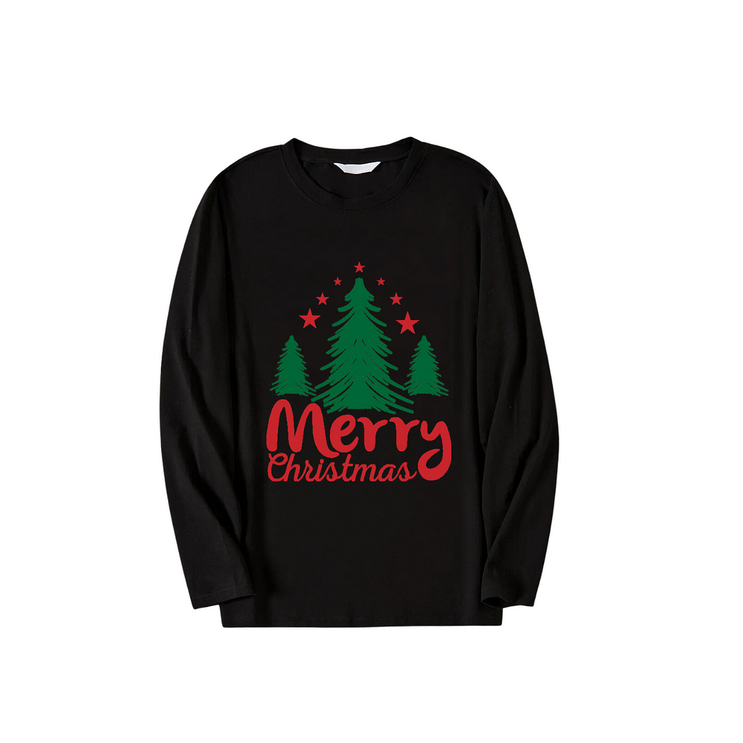 Merry Christmas Letter & Tree Printed Pattern Black Long Sleeve Top and Green & Black Plaid Pants Family Matching Pajamas