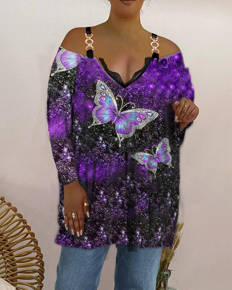 V-neck nude shoulder strap butterfly print loose long-sleeved top