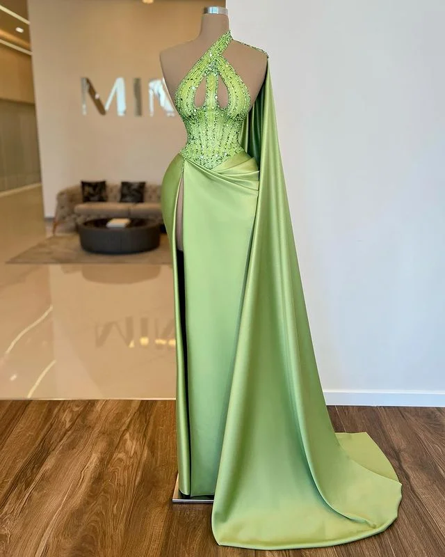 Miabel Elegant Sleeveless Apple Green Sequins Beads Split Evening Dress With Long Ruffle