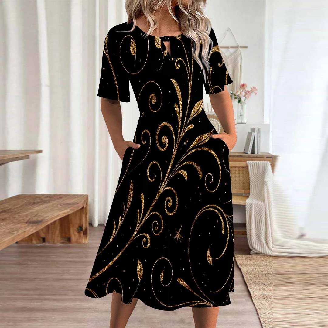 Women Graphic,Black DZHA8339 Short Sleeve Scoop Neck Graphic Printed Hollow Midi Dress