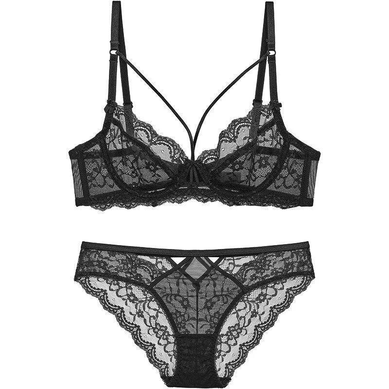 Wriufred Ultra-thin sexy gathered lace lingerie sets perspective steel ring transparent bra underwear plus size women bra set