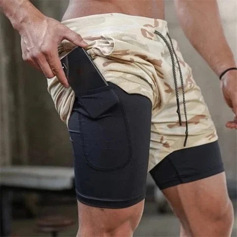 Pornhint Mens 2 in 1 Camouflage Shorts Gyms Fitness Workout Quick-dry Short Pants Male Summer Crossfit Casual Zip pocket Beach Shorts
