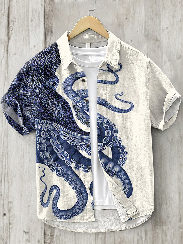 Comstylish Japanese Art Octopus Print Lapel Short Sleeve Shirt