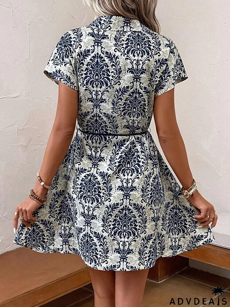 Allover Print Belted Shirt Dress