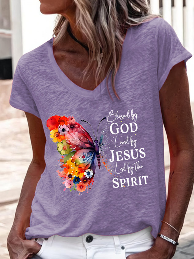 Blessed By God Loved By Jesus Led By The Spirit Casual Regular Fit V Neck Plain T-Shirt socialshop