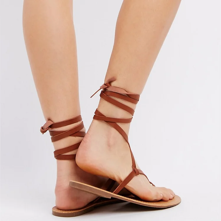Tan Vintage Greek Thong Sandals Beach Flip Flops Strappy Gladiator Sandal Flats |FSJ Shoes